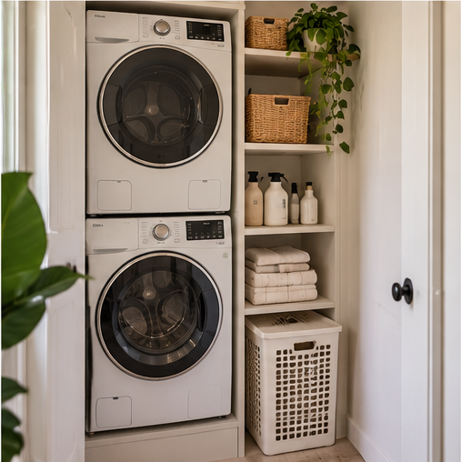 Stacked washer and dryer beside shelves with baskets, folded towels, and laundry supplies.