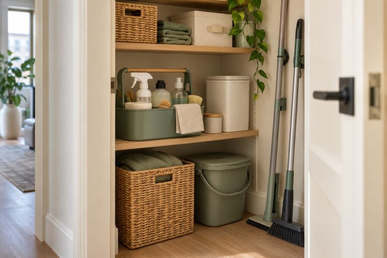 Cleaning supply organization ideas in a small apartment cupboard with a carry caddy and slim tool storage