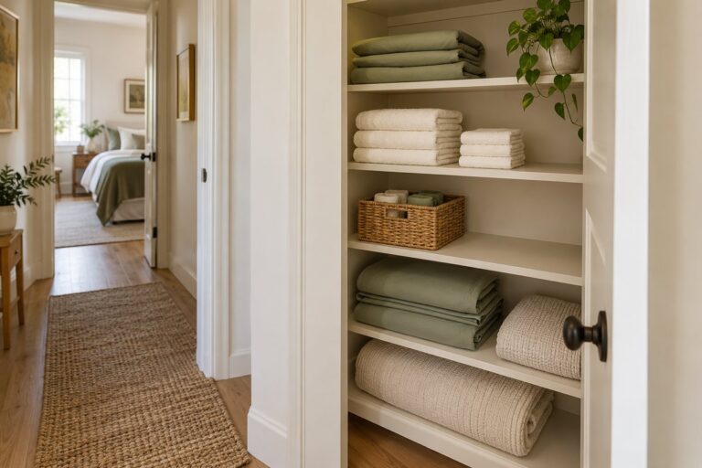 Small linen closet organization ideas with neatly stacked towels, sheet sets, and accessible shelves