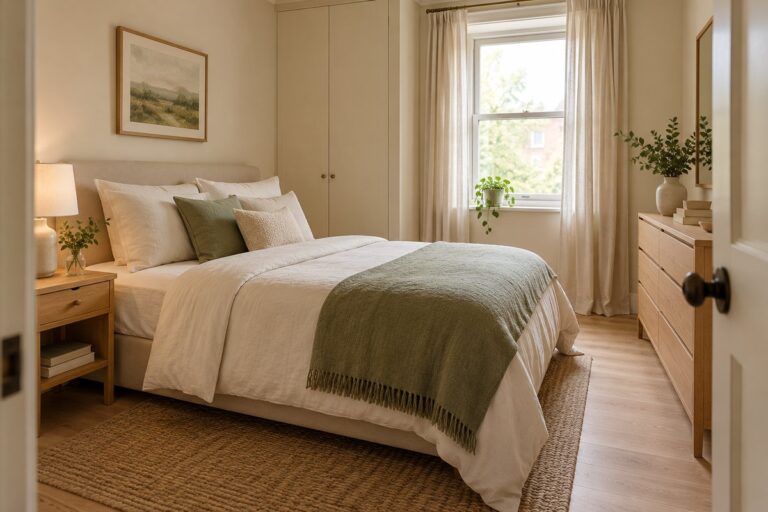 Small bedroom organization ideas for an apartment with a tidy nightstand, dresser, and clear floor space