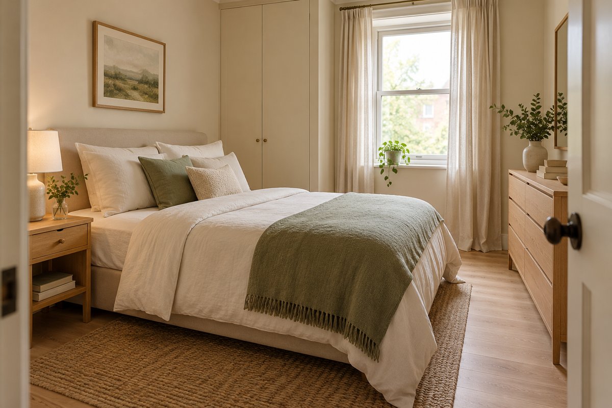 Small bedroom organization ideas for an apartment with a tidy nightstand, dresser, and clear floor space