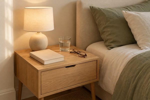 Small apartment nightstand holding a lamp, water, glasses, and one book with clear surface space