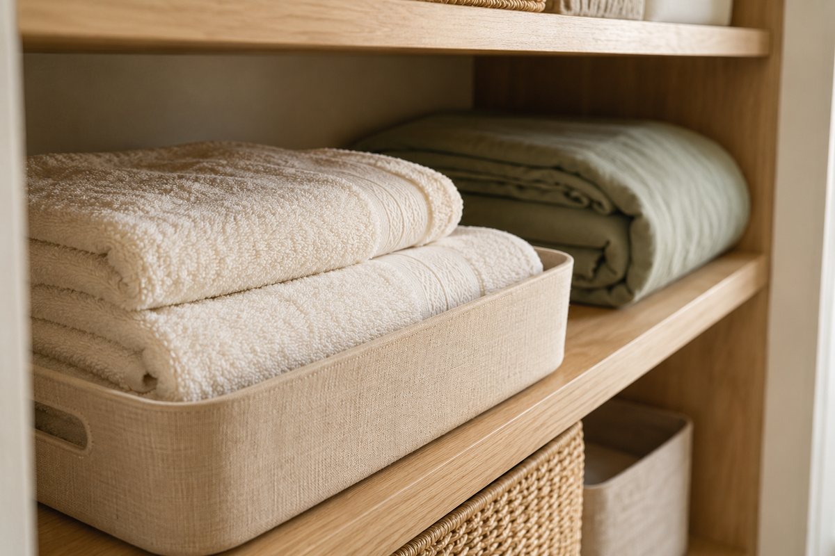 Deep linen closet shelf with everyday towels in a front basket and occasional bedding behind