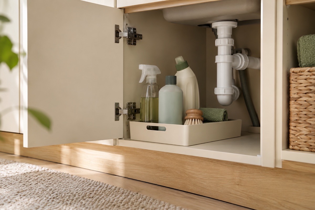 Under-sink cabinet measured around plumbing with a shallow removable cleaning supply tray