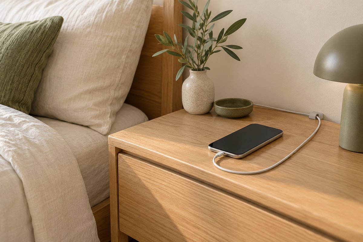 Bedside charging spot with one phone on a clear nightstand and its cable routed behind the furniture