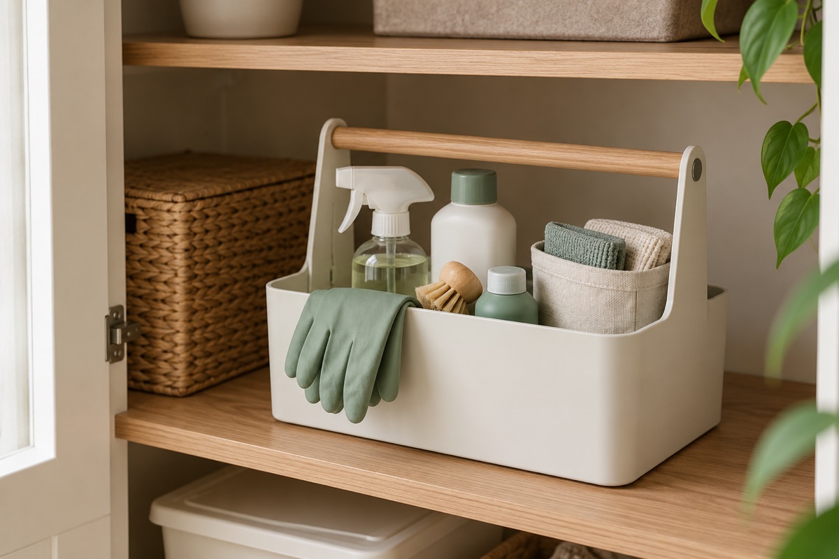 Portable cleaning caddy with a few weekly essentials and separate clean cloths