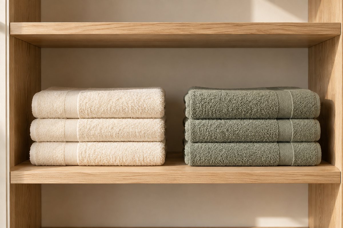 Two short towel stacks on a linen closet shelf with clear space above for easy access