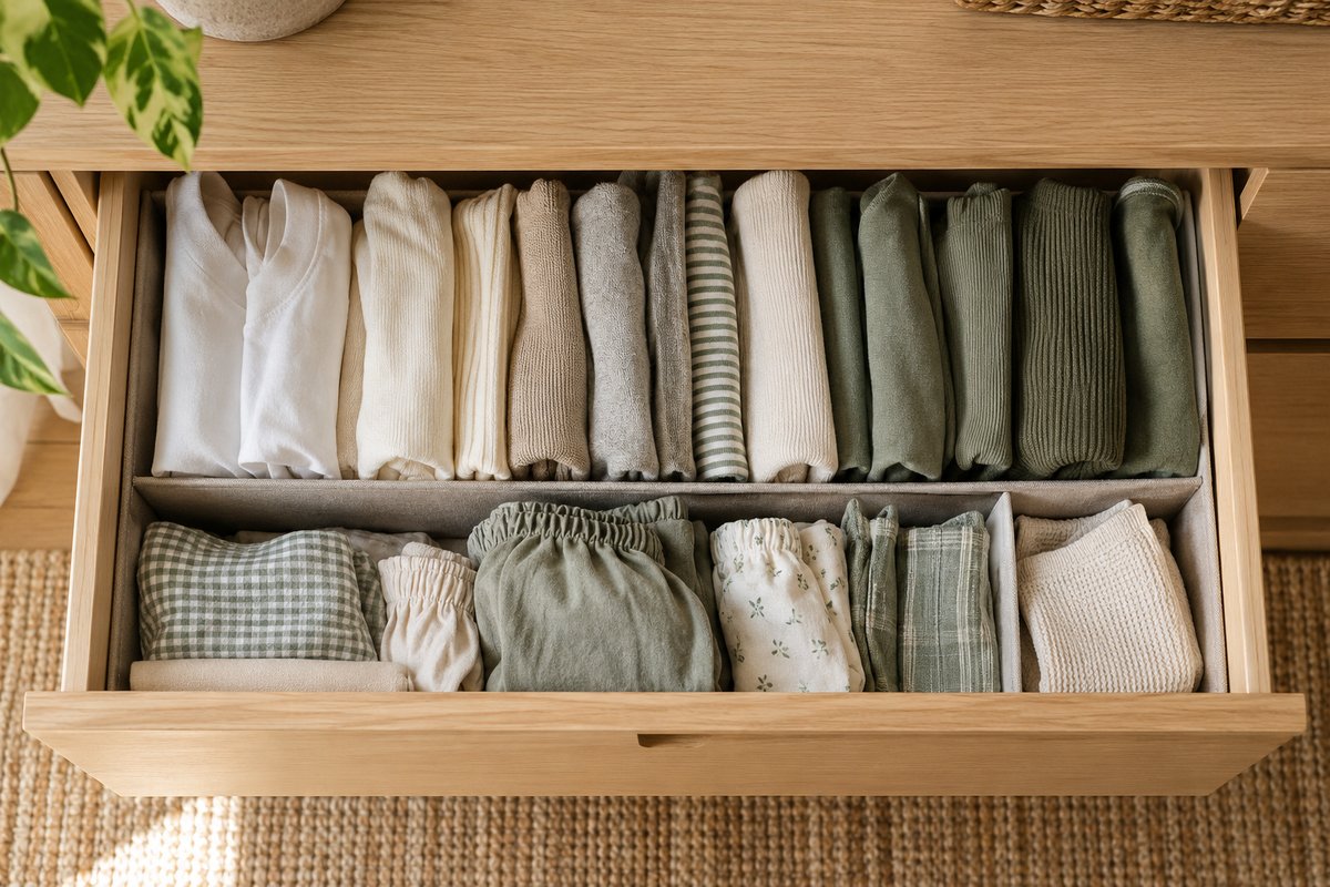 Open bedroom dresser drawer with file-folded tops and sleepwear arranged in visible rows