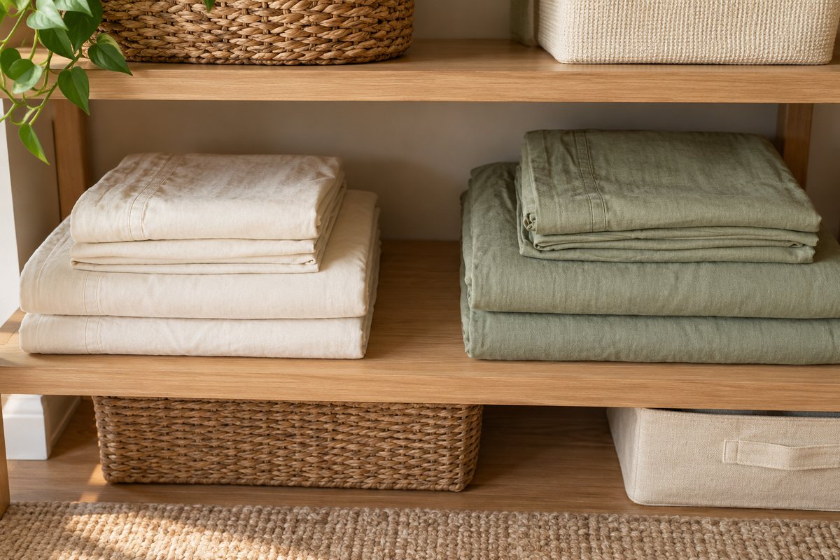 Complete sheet sets grouped by bed size in separate accessible linen shelf zones