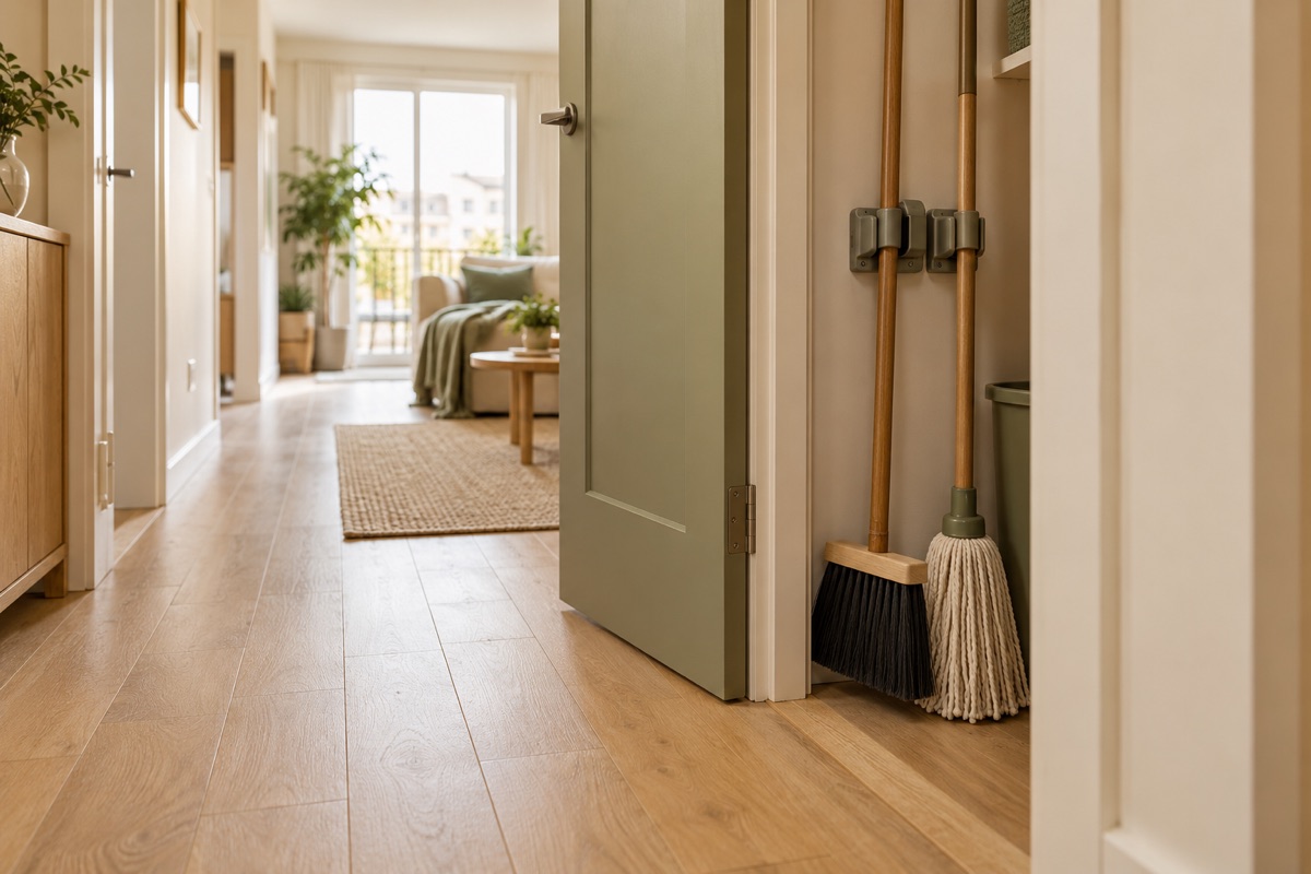 Broom and mop stored upright in a narrow apartment cupboard with a clear walking route