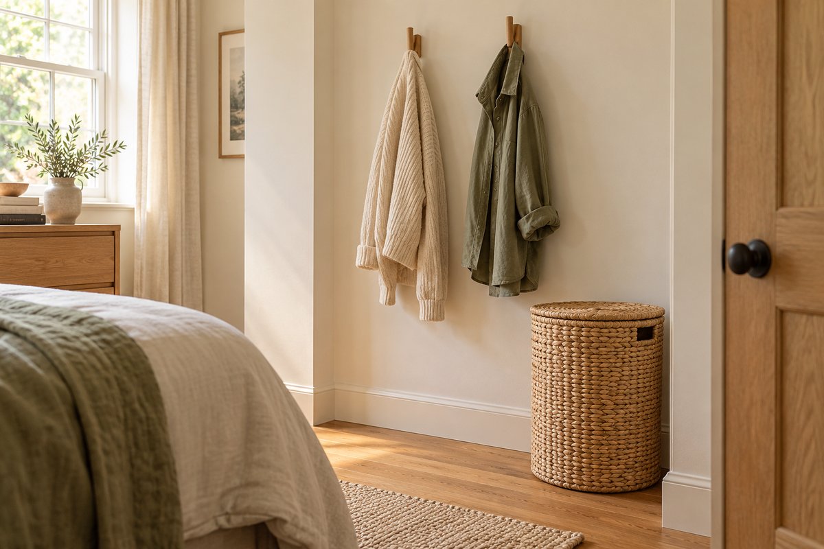Worn-again clothes on bedroom hooks kept separate from a nearby laundry hamper