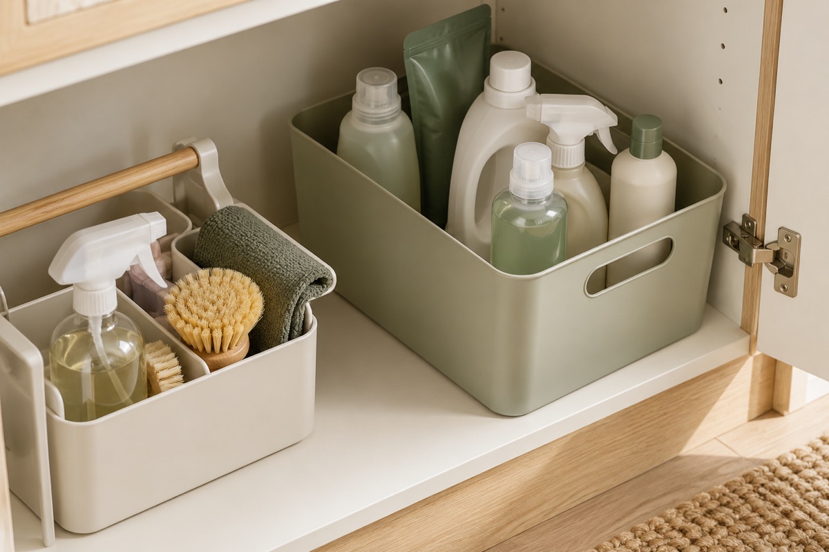 One visible bin of unopened cleaning refills kept separate from daily supplies