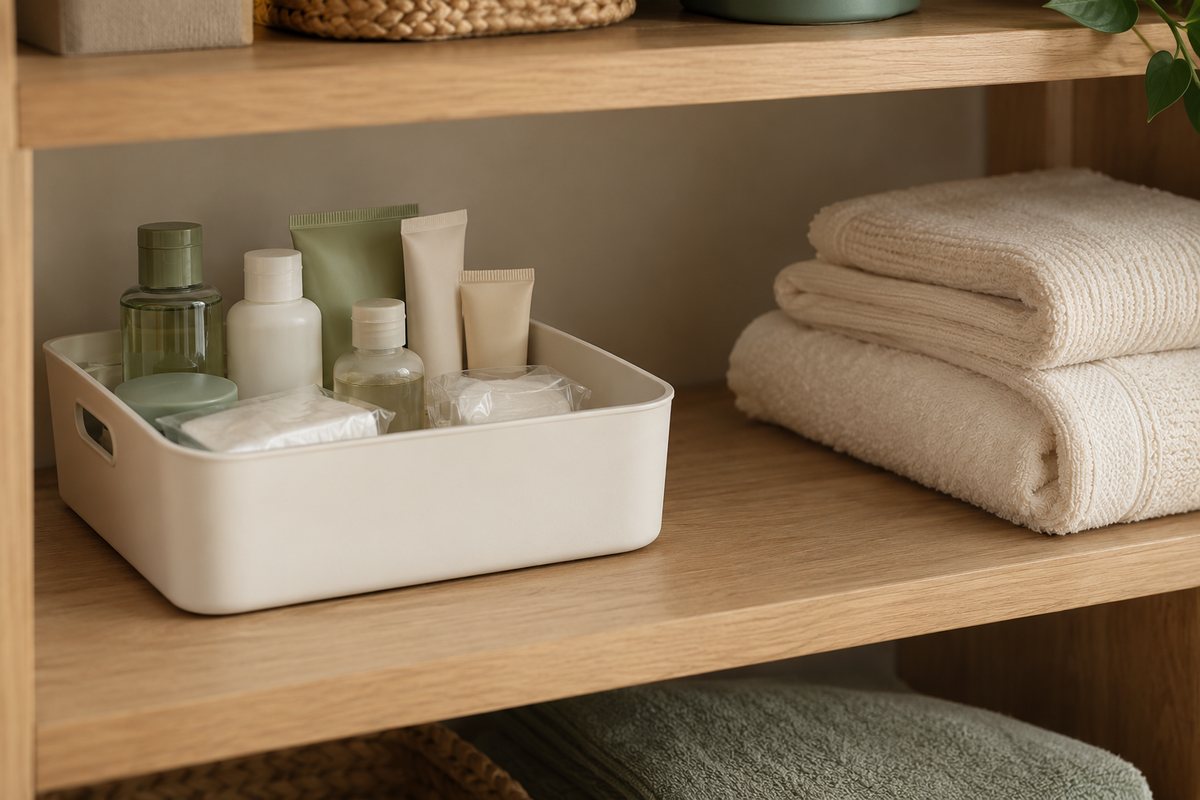 One bounded bin of bathroom backups kept separate from clean towels in a linen closet