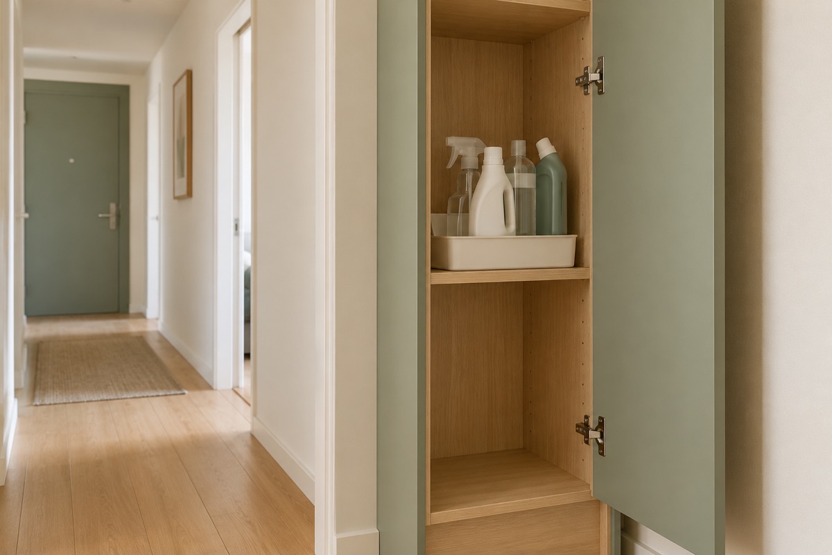 Dedicated apartment cupboard section for closed cleaning products away from food and linens