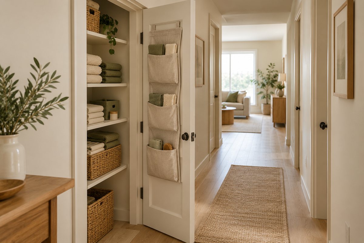 Shallow linen closet door organizer holding lightweight extras without crowding the hallway