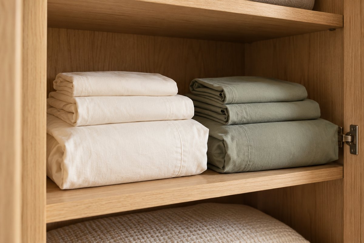Complete sheet sets stored together in short, accessible stacks on a bedroom shelf
