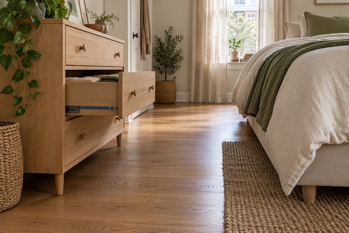 Small bedroom with an open dresser drawer and a clear walking route beside the bed