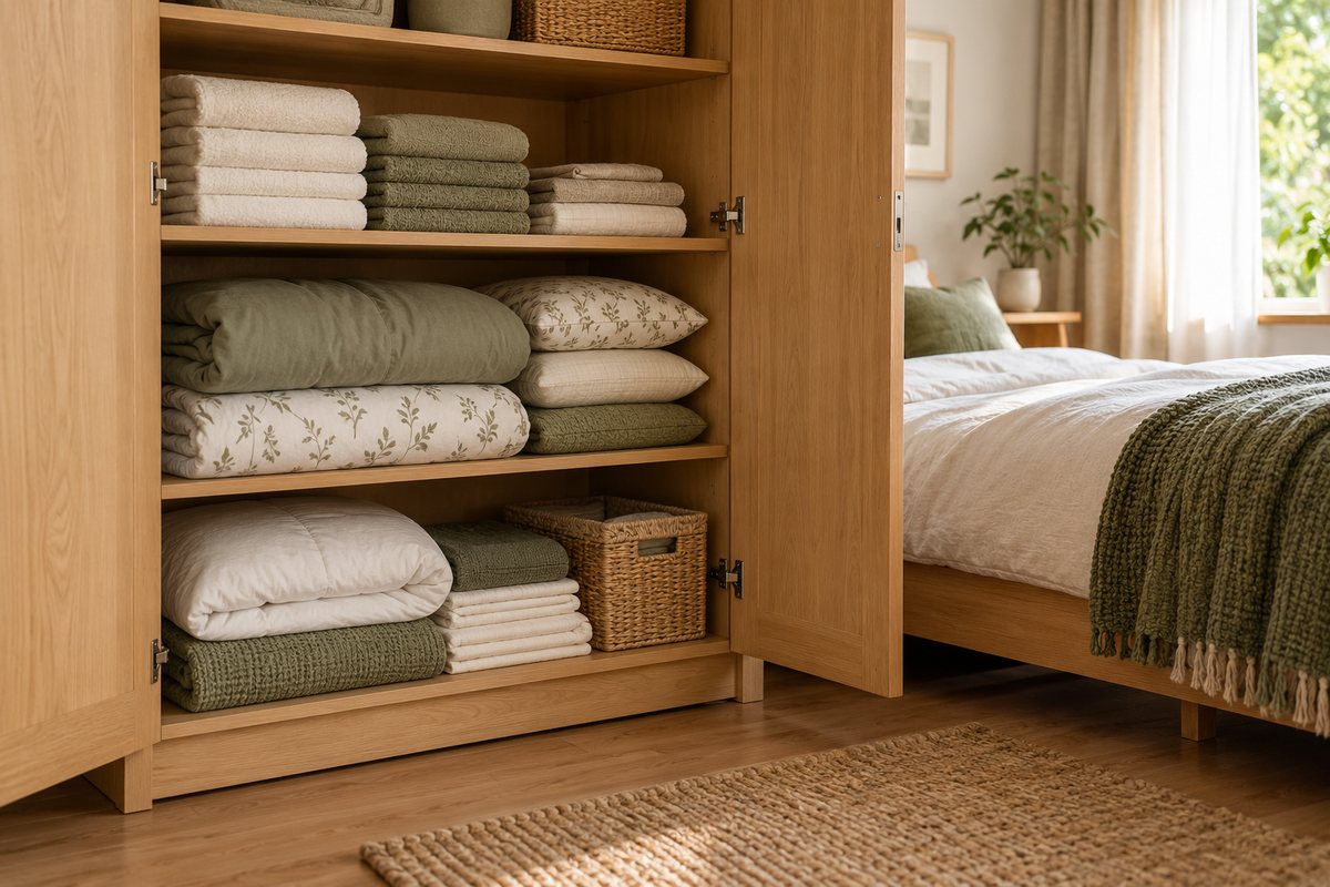 Dedicated towel and bedding zone inside an existing apartment cupboard without a linen closet