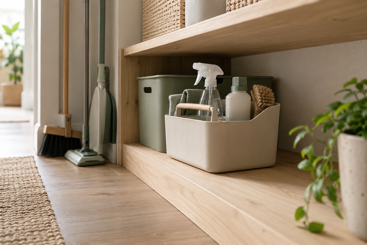 Apartment cleaning supply zone with open return space for the caddy after a weekly reset