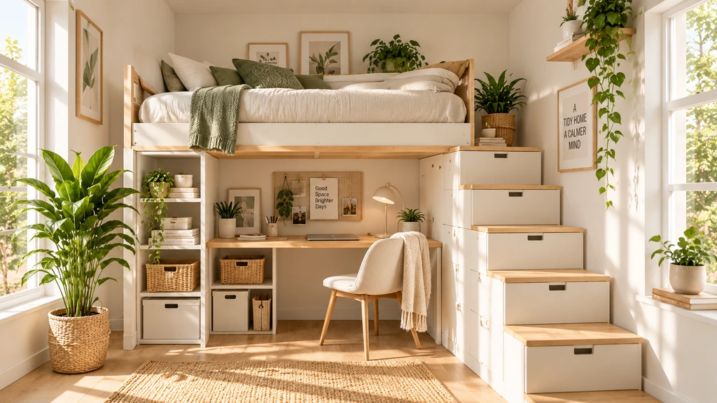 Small apartment loft bed with integrated shelving and woven storage baskets