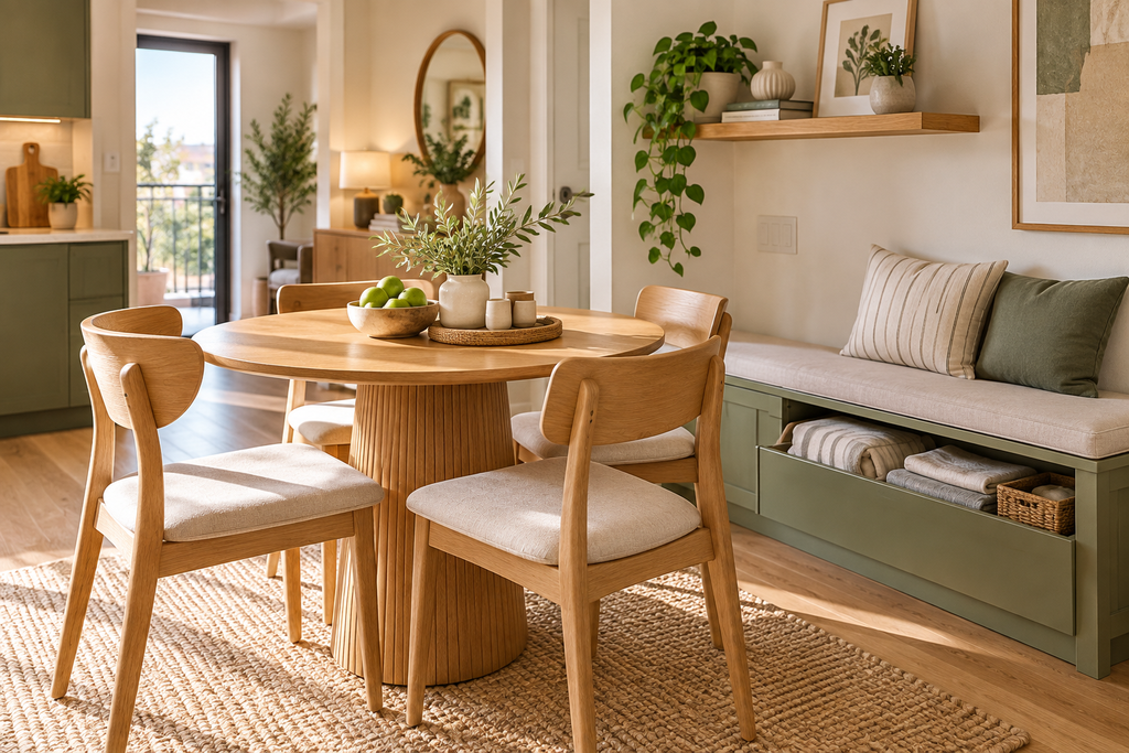 Bench seating arranged in a compact dining area
