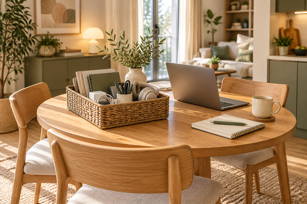 Basket organizing work supplies beside a dining table