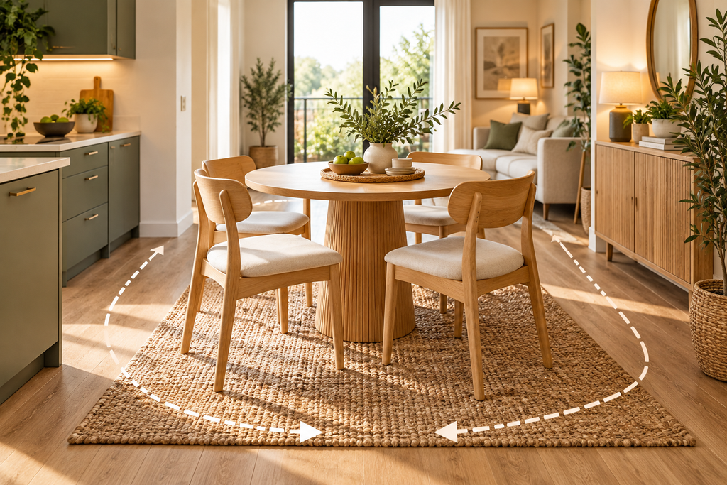 Clear walking route through a small dining area