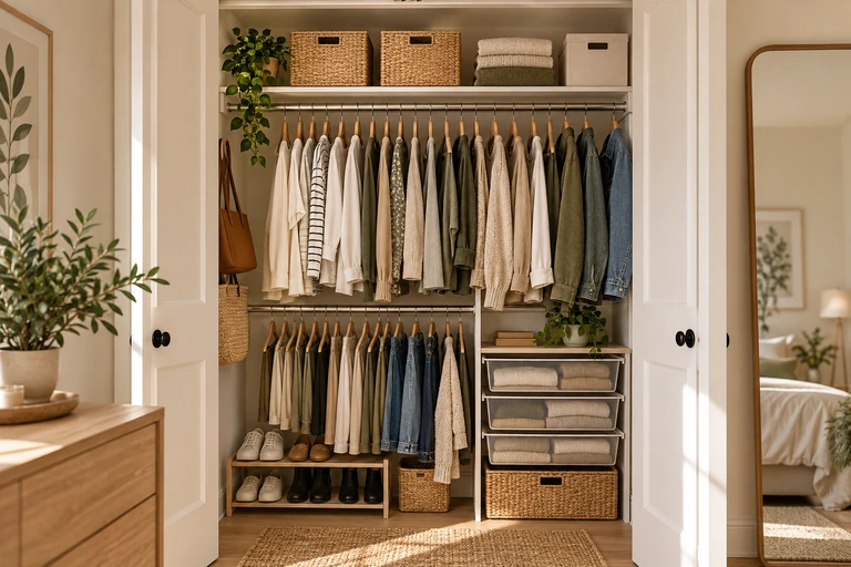 Organized small apartment closet with double rods, baskets, drawers, and clear floor space