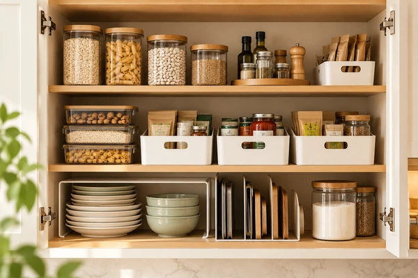 Organized small kitchen cabinet after a five-minute weekly reset