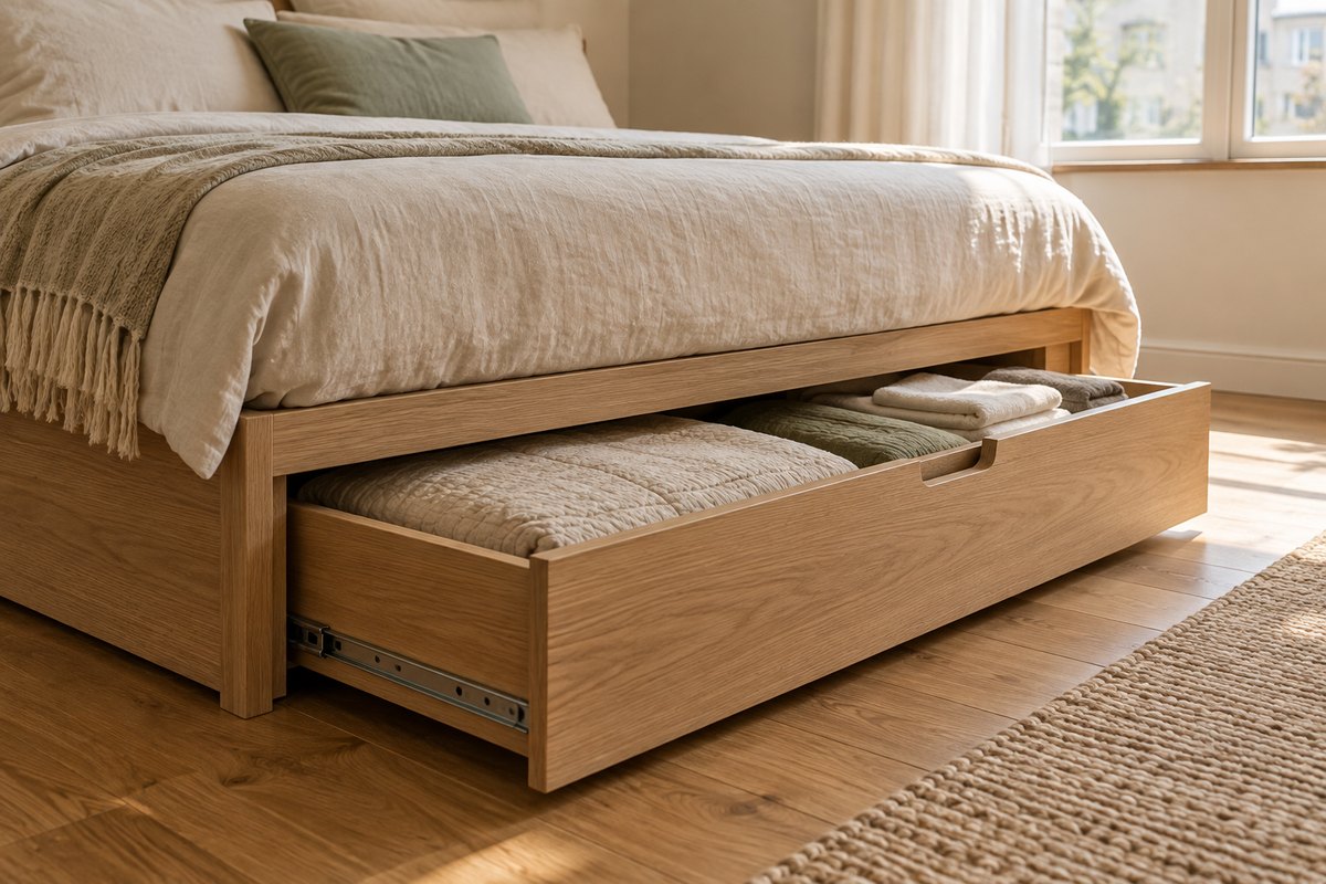 Light oak under-bed drawer storing folded bedding in a compact cream and sage bedroom