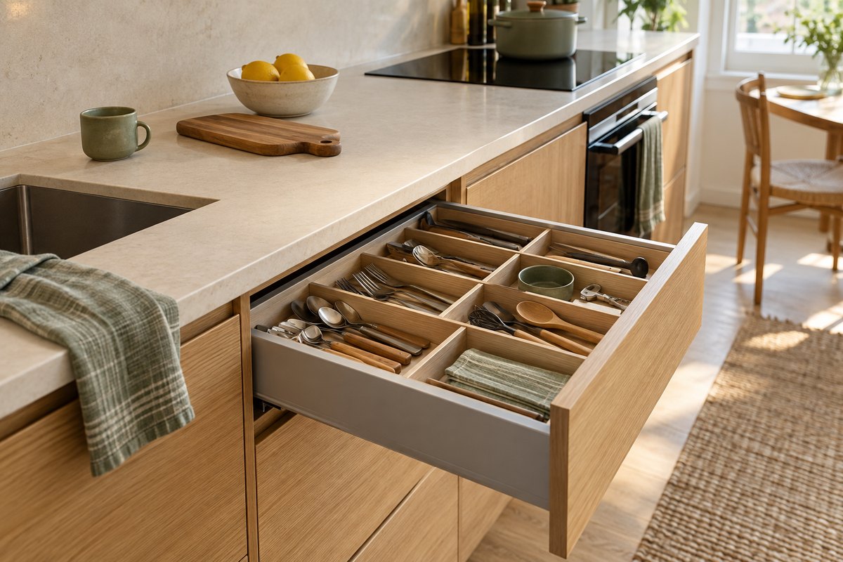 Compact apartment kitchen with an open divided utensil drawer and a clear everyday countertop