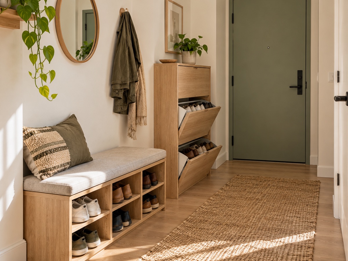 Small apartment entryway with shoe storage bench and slim shoe cabinet