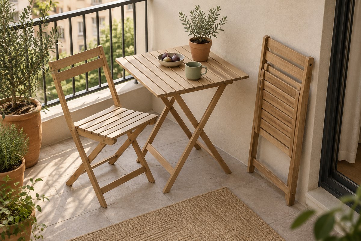 Small apartment balcony with folding table and flexible folding chairs
