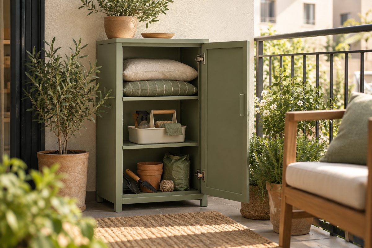 Slim outdoor balcony cabinet storing cushions cleaning items and plant supplies