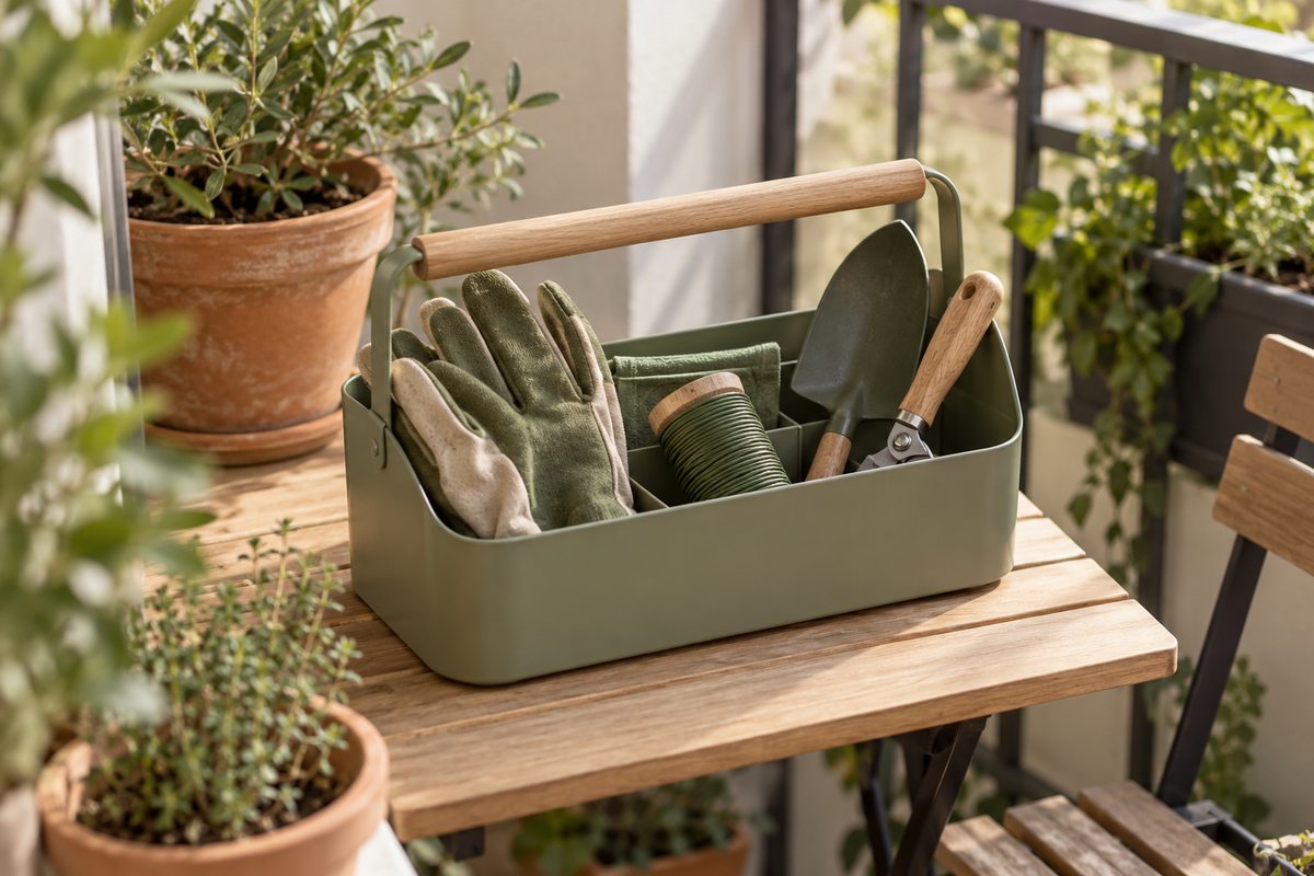 Portable balcony plant care caddy with gardening tools and supplies