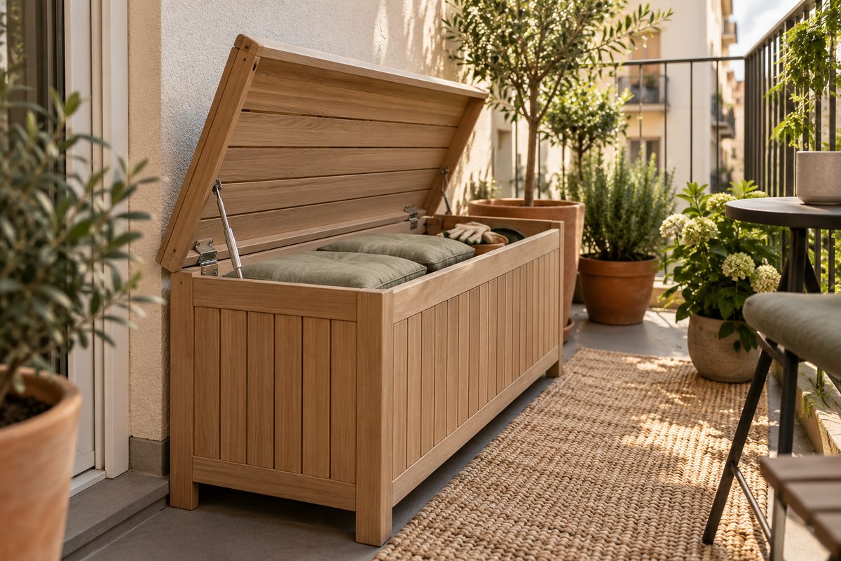 Narrow balcony storage bench holding outdoor cushions and gardening essentials