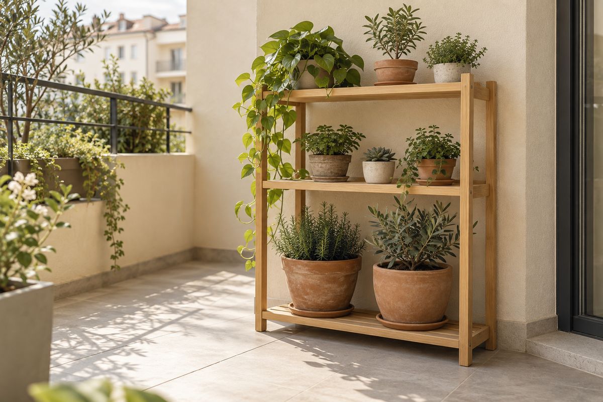 Vertical balcony plant shelf using height while keeping floor space clear