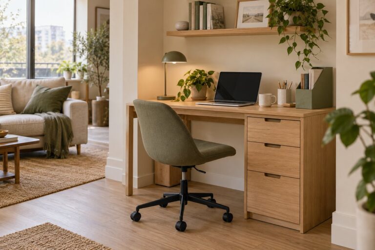 Small home office organization ideas in an apartment with a clear oak desk, slim file storage, and open walking space