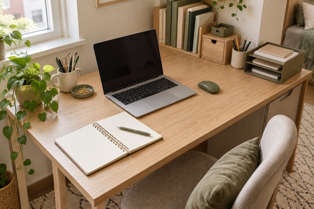 Small apartment desk with a clear working area for a laptop, mouse, and open notebook