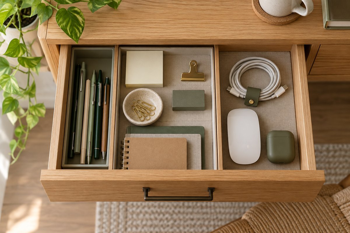 Home office drawer divided into broad zones for pens, stationery, and technology accessories