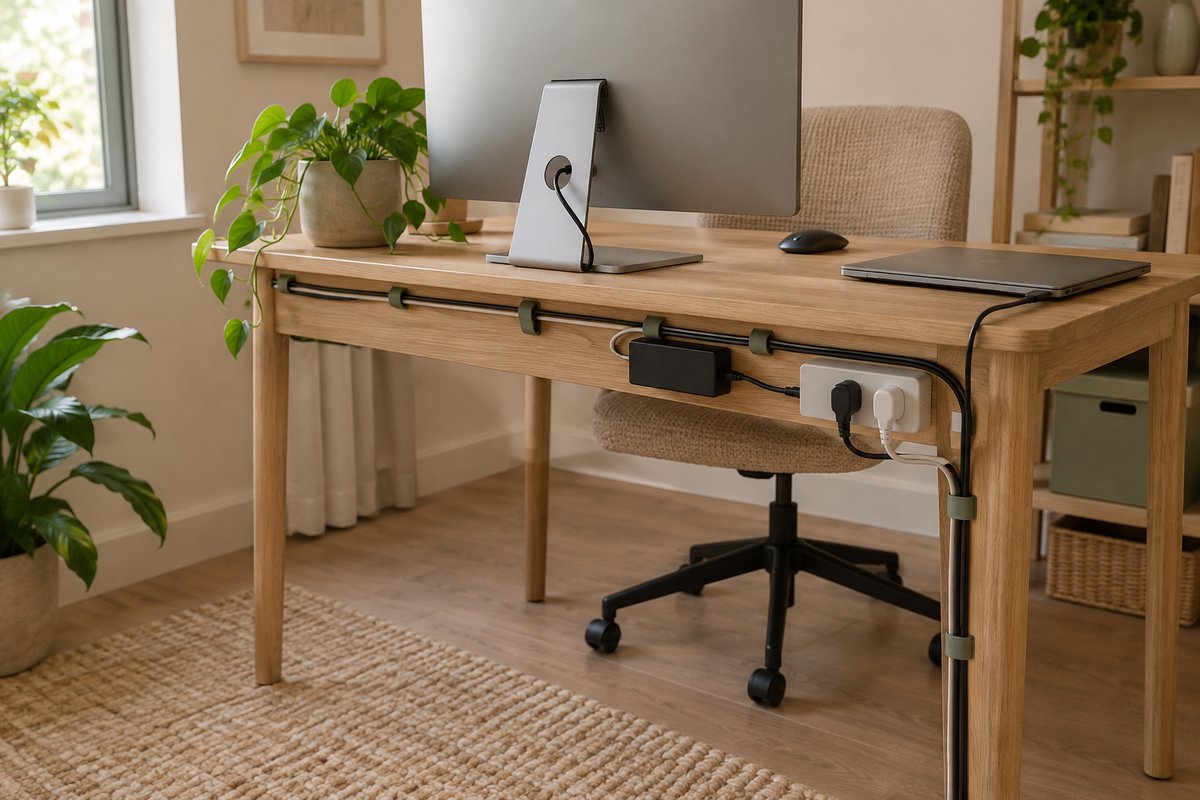 Desk cables routed along the rear edge with reusable ties and a clear floor beneath the workspace