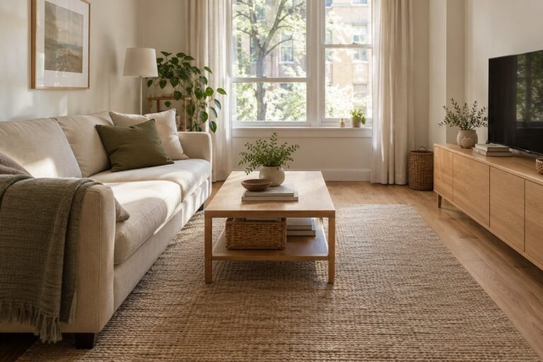 Organized small apartment living room with smart storage, baskets, and a tidy media area
