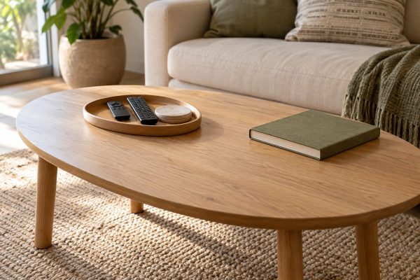 Small living room coffee table organized with a tray and clear surface