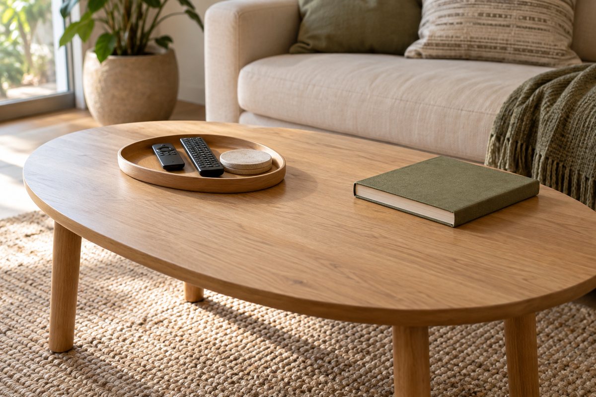 Small living room coffee table organized with a tray and clear surface