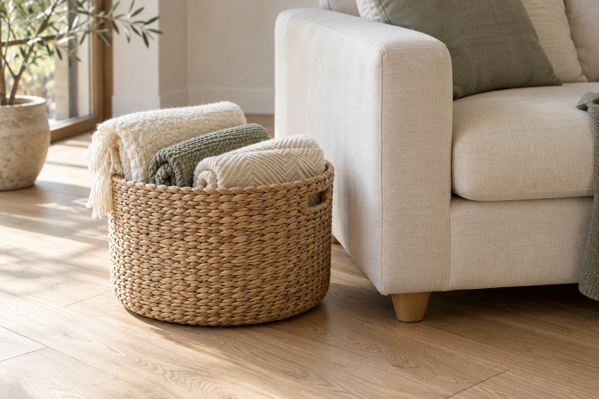 Reachable living room basket storing folded blankets beside a small sofa