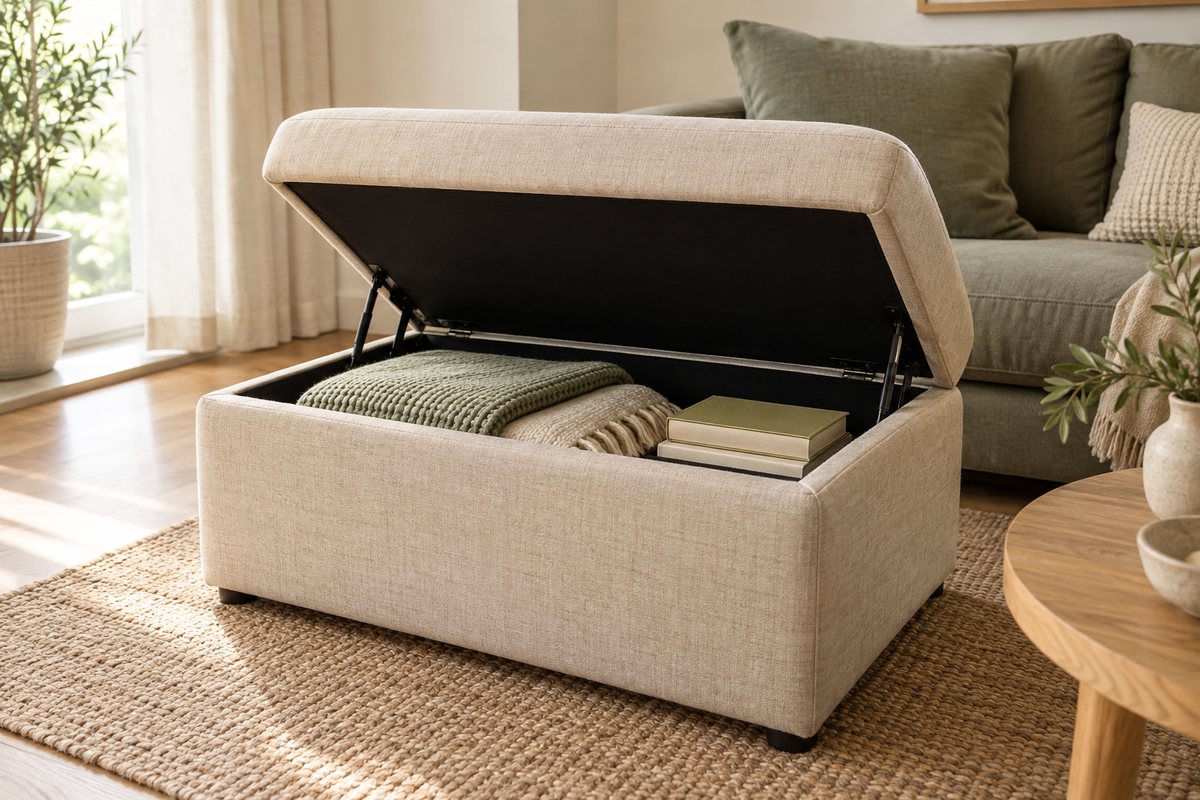 Open storage ottoman holding blankets and everyday items in a small living room