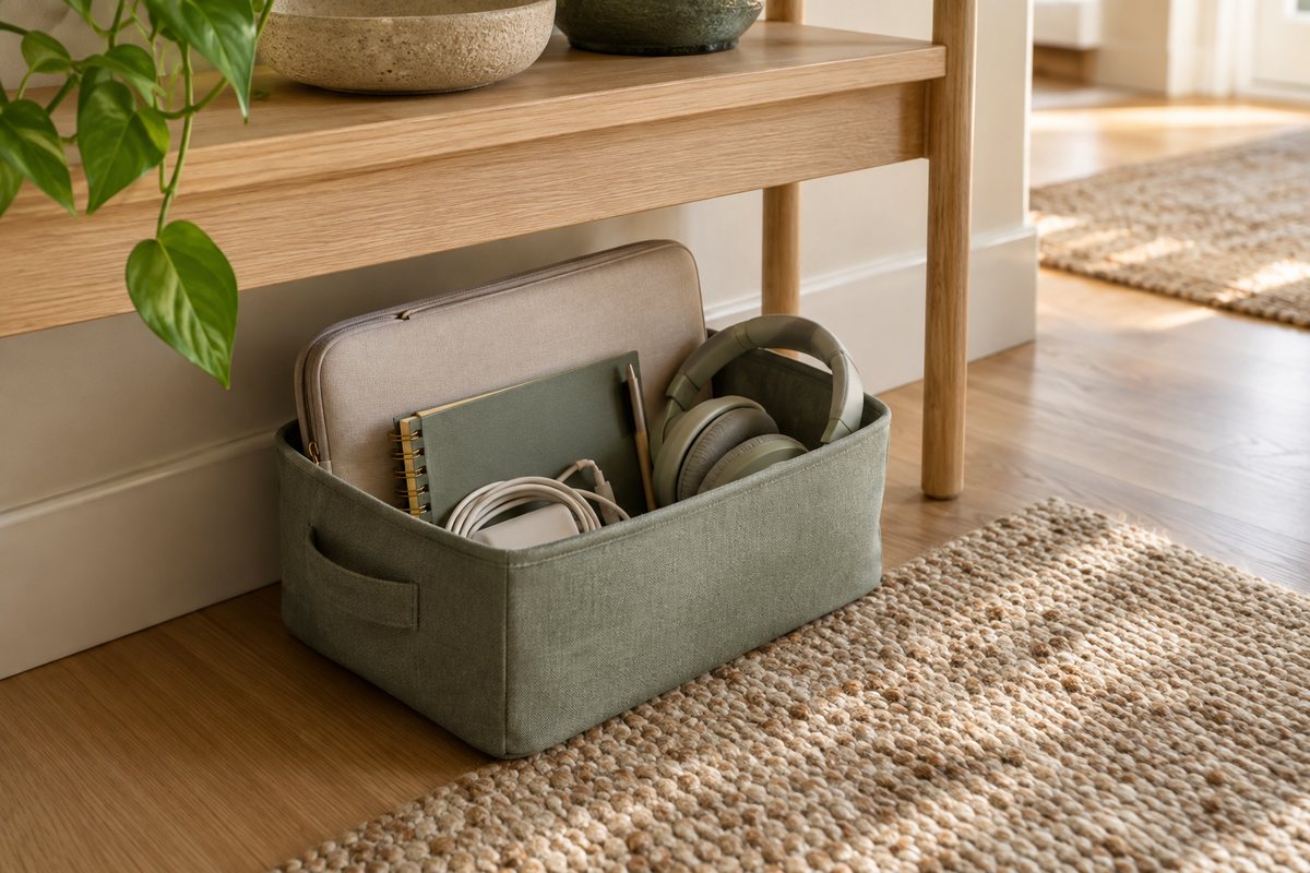 Portable living room work kit with laptop accessories, notebook, and charger stored together