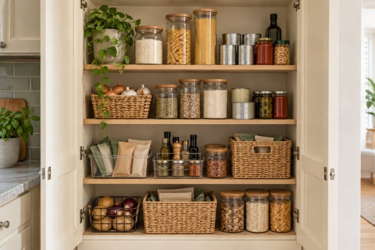 Small pantry organization ideas for an apartment with visible dry foods, snack bins, and neatly arranged shelves