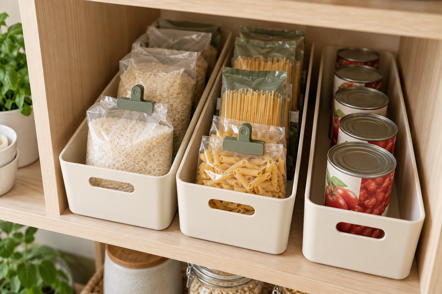 Deep pantry shelf divided into narrow food lanes with active packages in front and backups behind