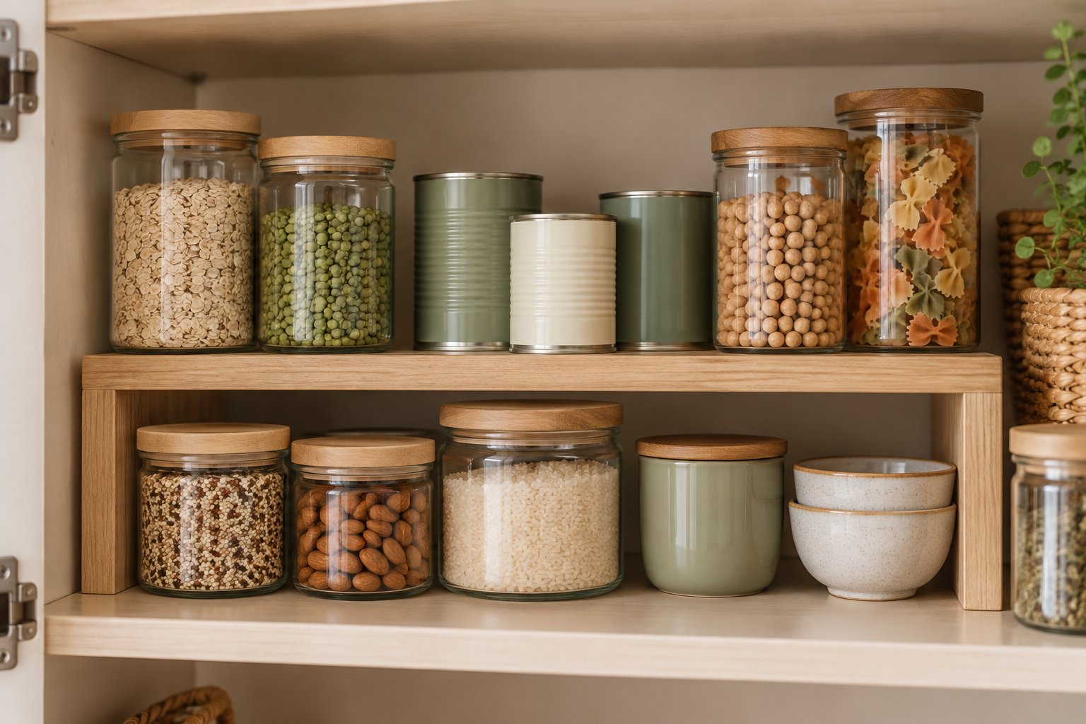 Small pantry shelf riser keeping the back row of cans and jars visible above the front row